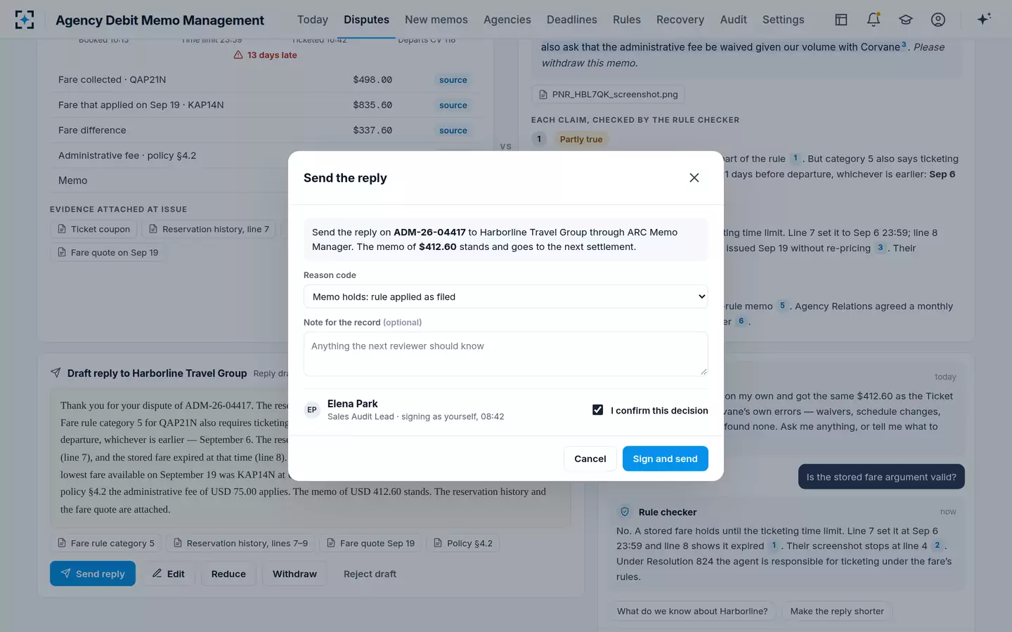 Agency Debit Memo Management — Send with a signature