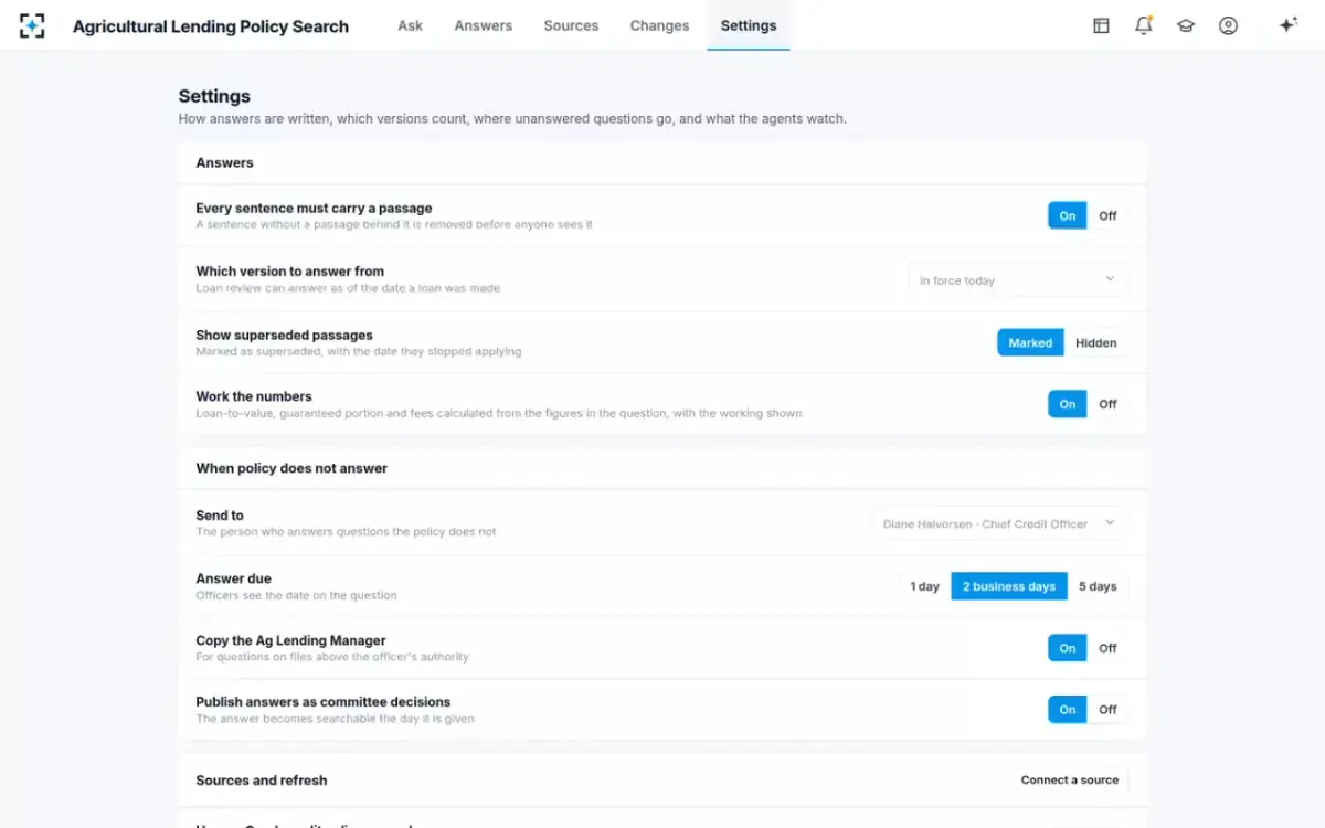 Agricultural Lending Policy Search — Settings