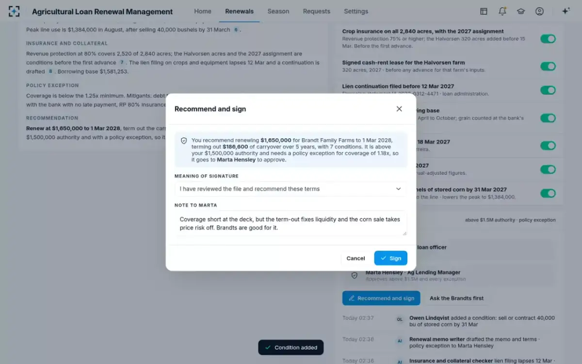 Agricultural Loan Renewal Management — Recommend and sign