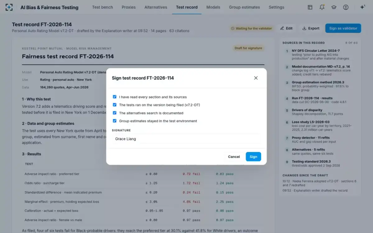 AI Bias & Fairness Testing — Validator sign-off