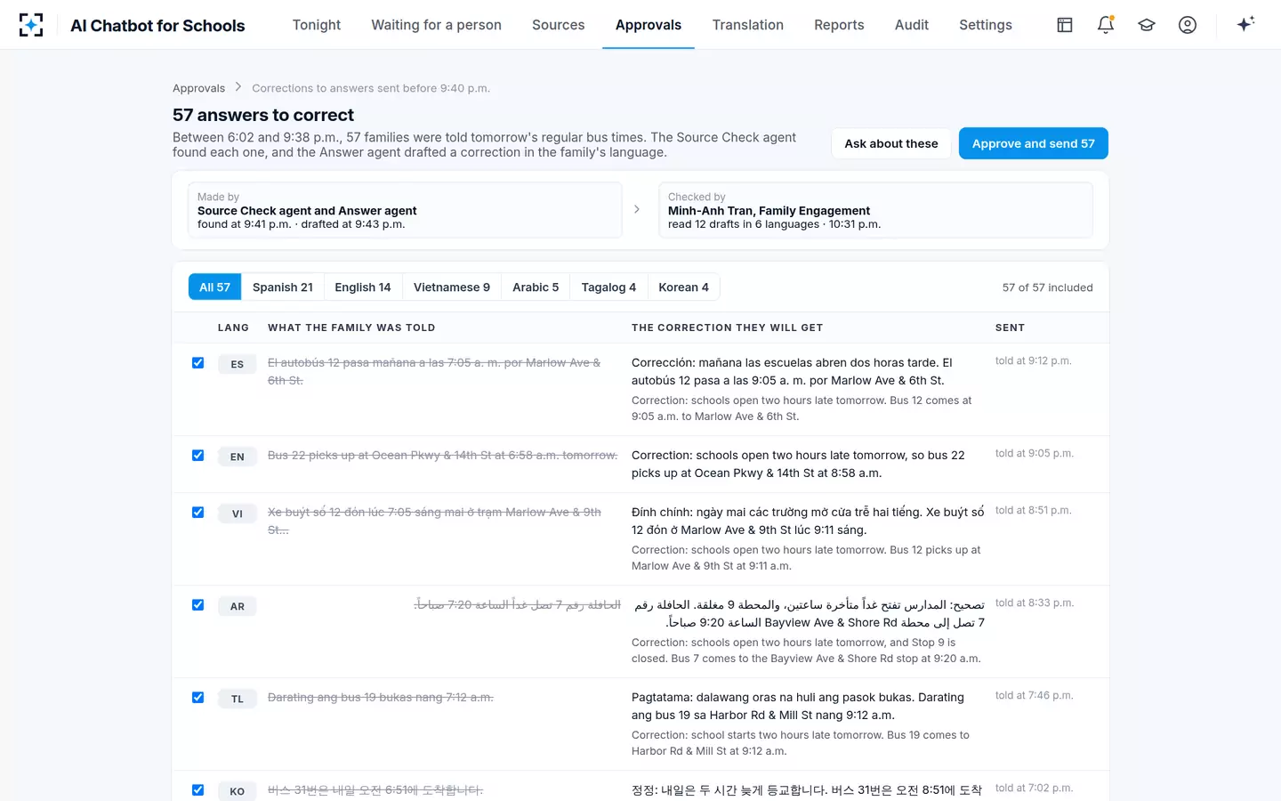 AI Chatbot for Schools — Answers sent before the notice, corrected in each family's language