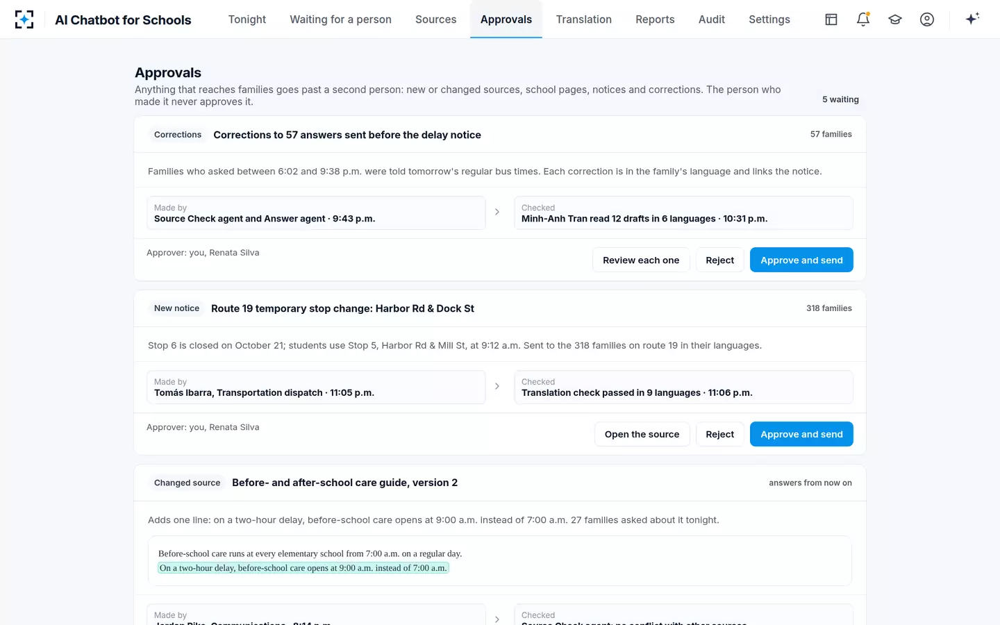 AI Chatbot for Schools — A second person approves what families read