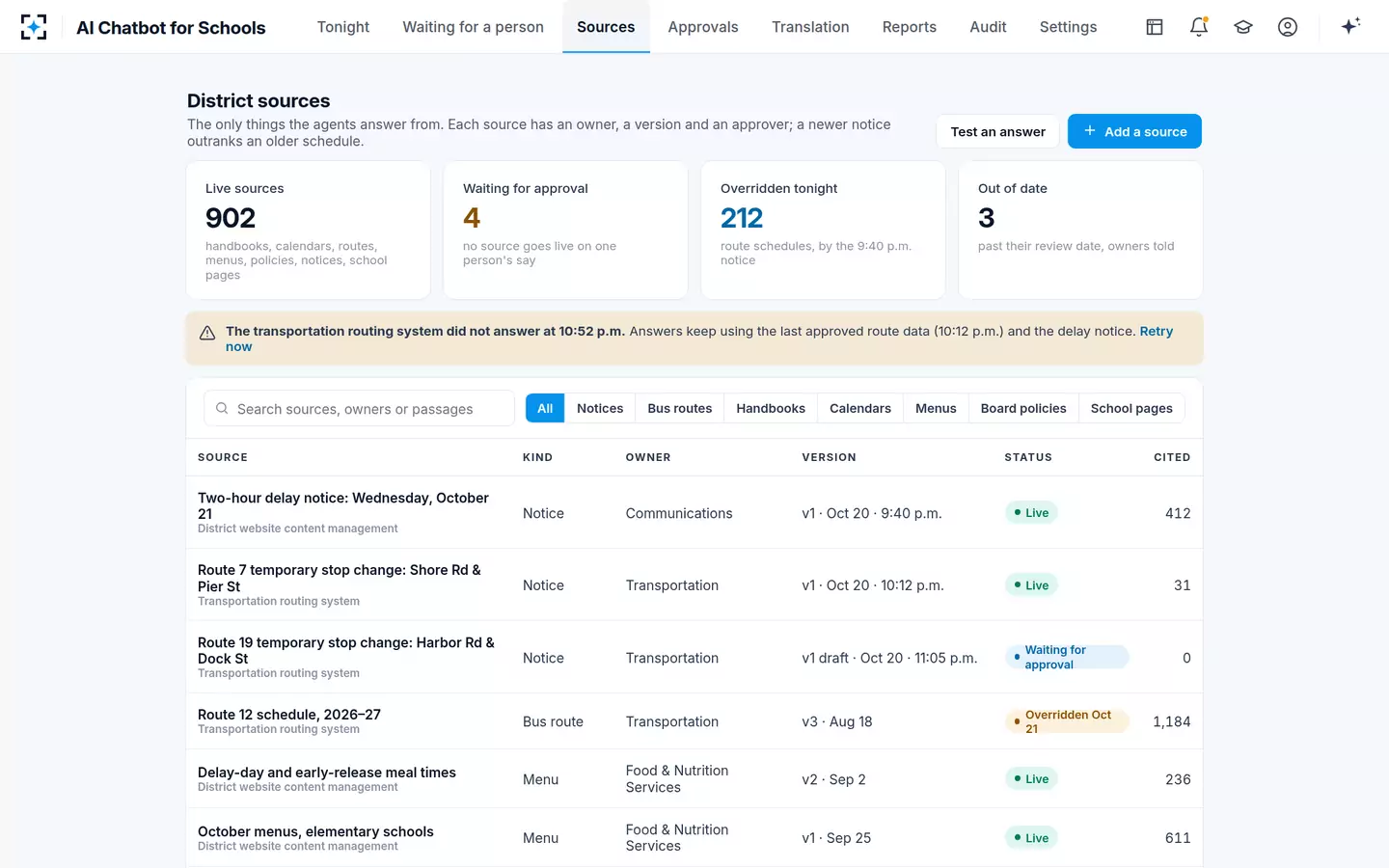 AI Chatbot for Schools — The district sources the agents answer from
