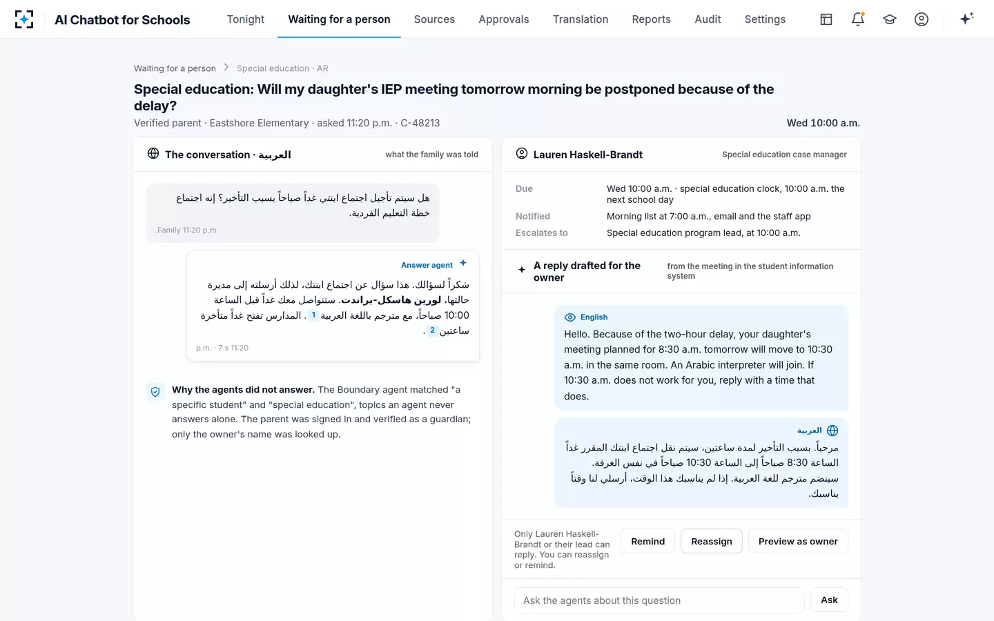 AI Chatbot for Schools — The hand-off, with a reply drafted in both languages
