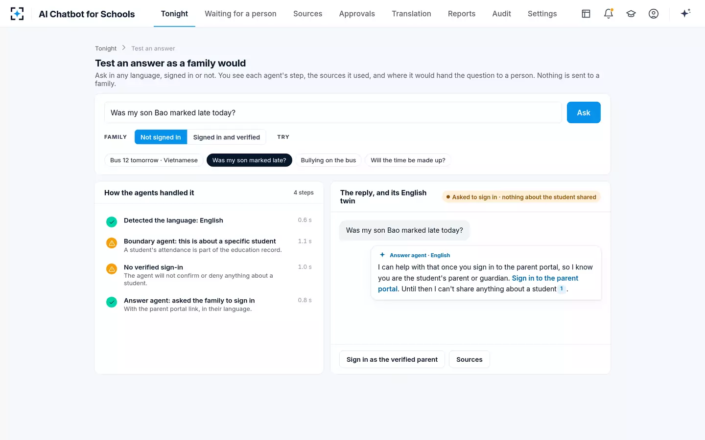 AI Chatbot for Schools — Nothing about a student without a verified sign-in