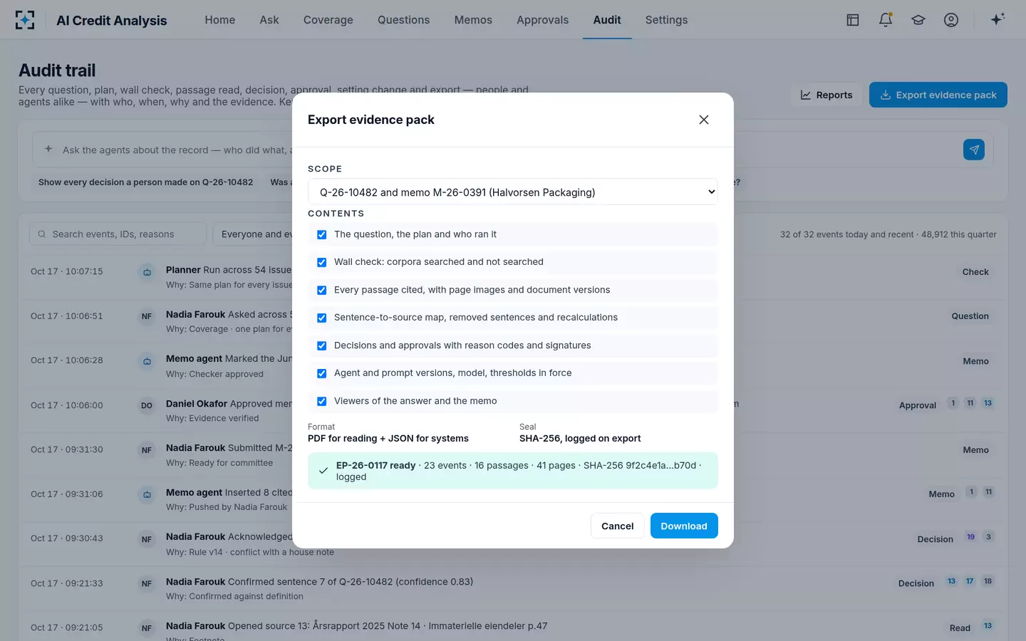 AI Credit Analysis — Audit trail and evidence pack