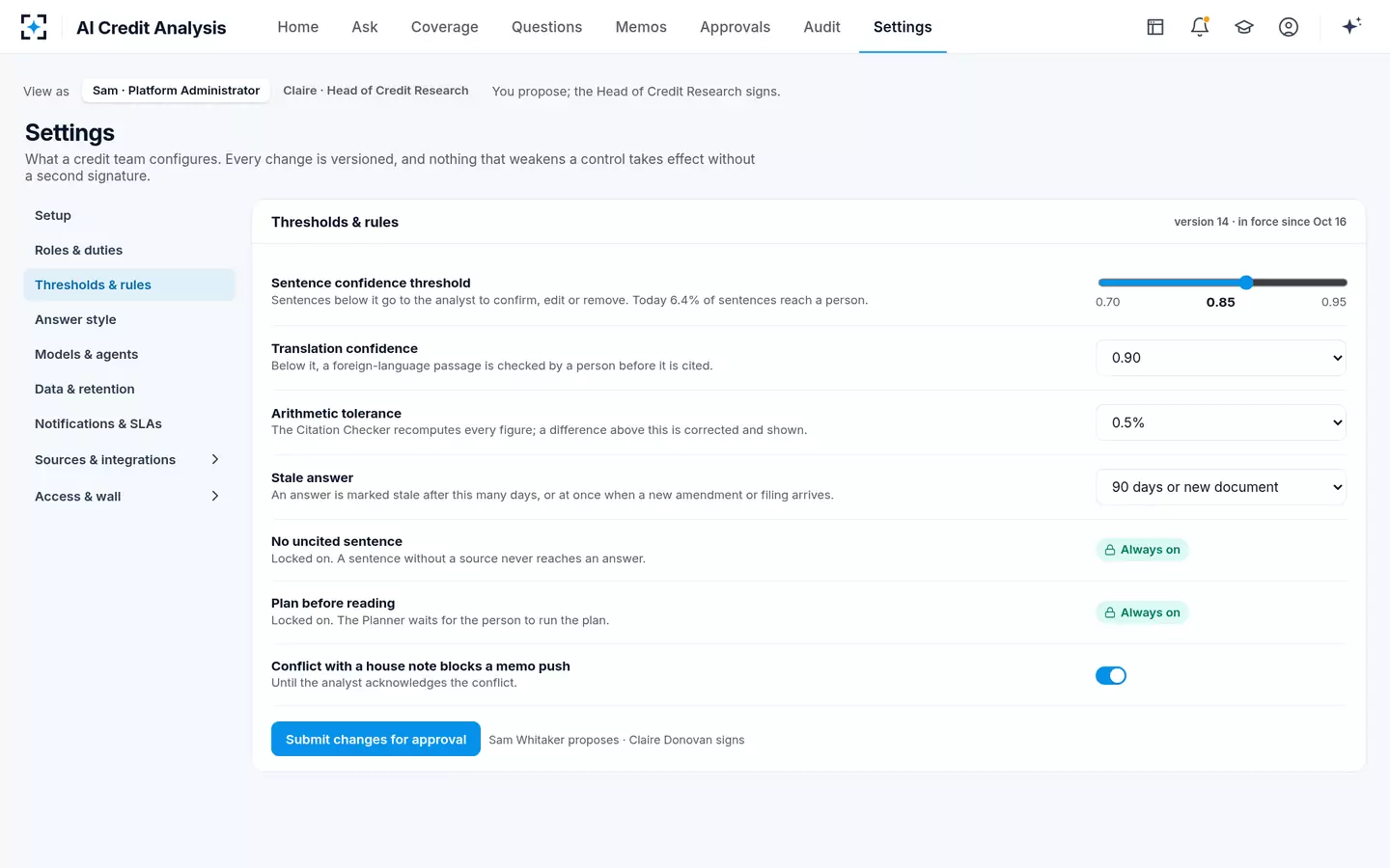 AI Credit Analysis — Thresholds and rules