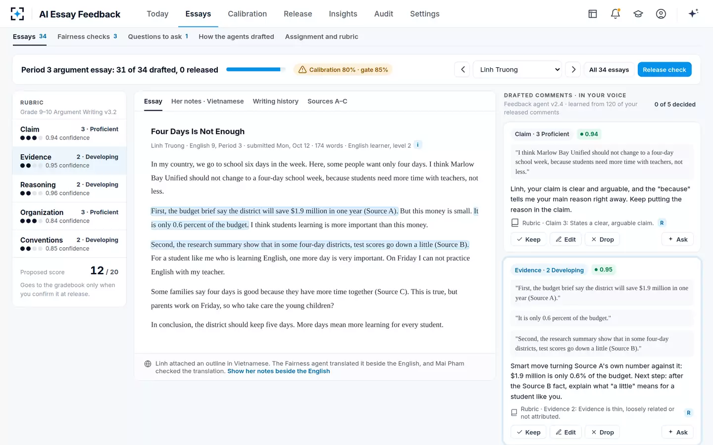 AI Essay Feedback — Essay review: rubric rail, essay and drafted comments
