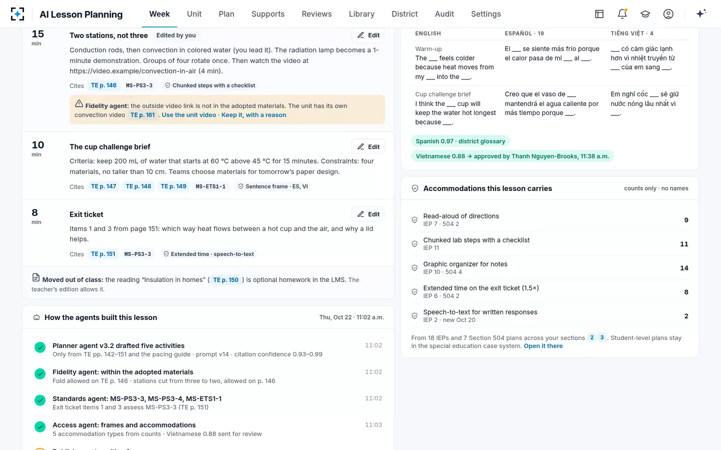 AI Lesson Planning — A teacher's edit, checked against the adopted materials