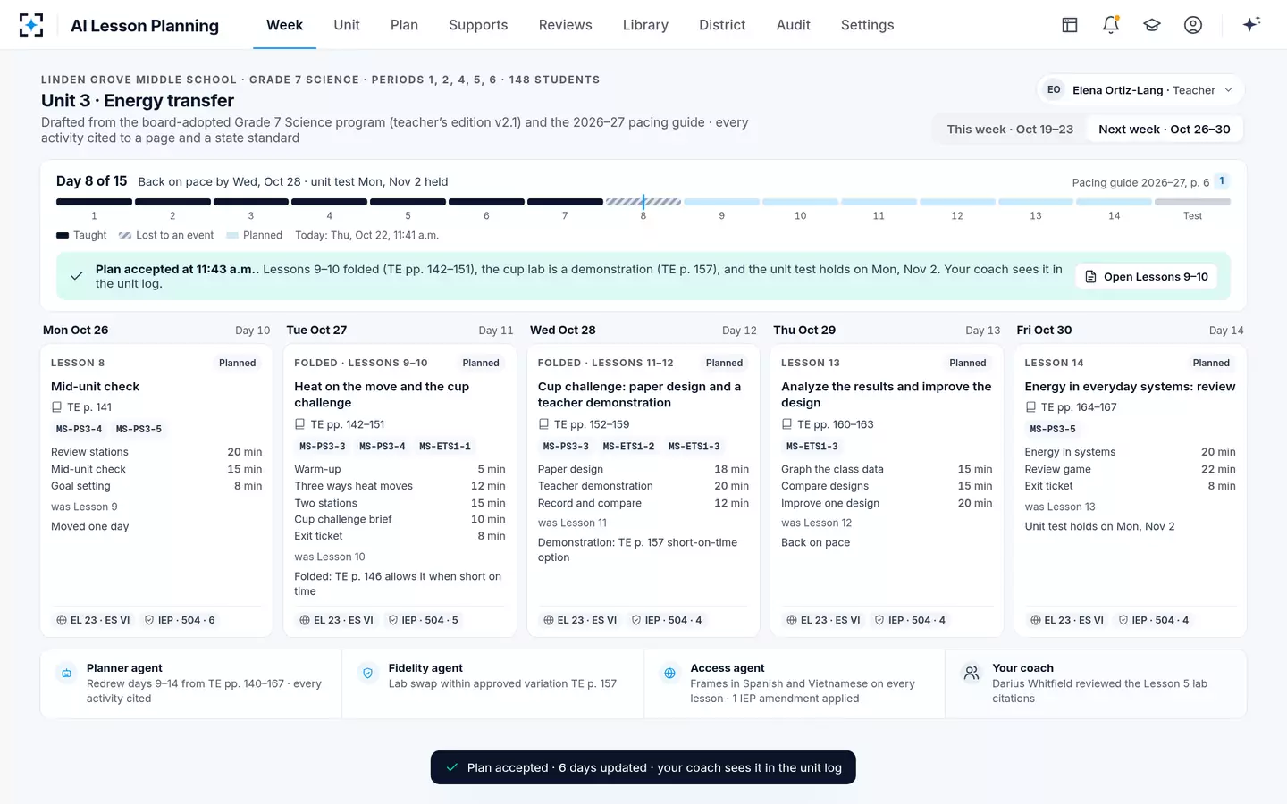 AI Lesson Planning — Back on pace, with the test date held