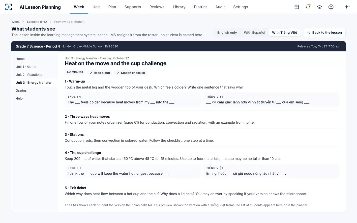 AI Lesson Planning — What students see, with the frame beside the English