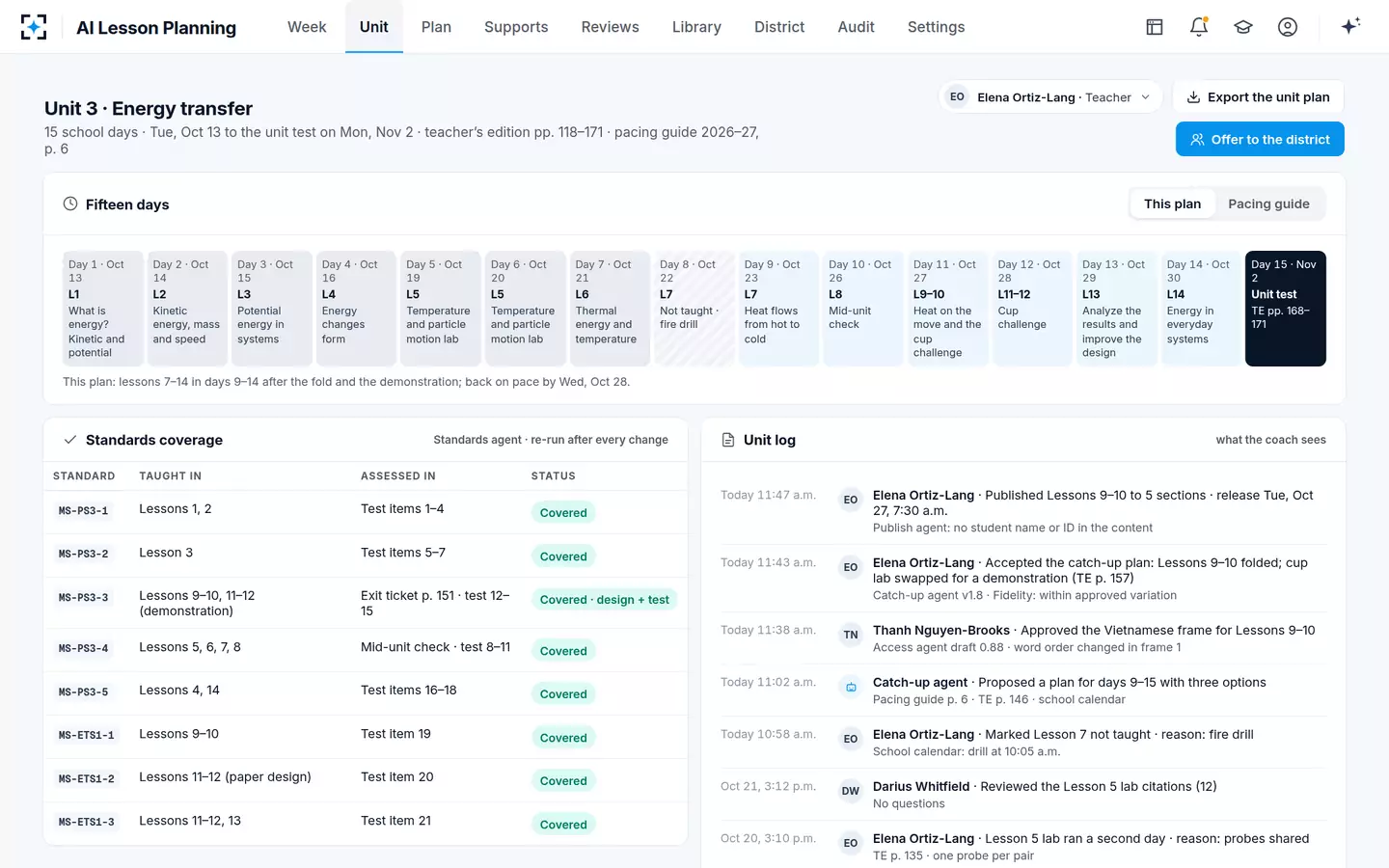 AI Lesson Planning — Every standard still taught, and the log the coach reads