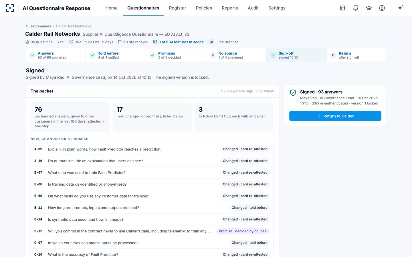 AI Questionnaire Response — Sign-off on what changed