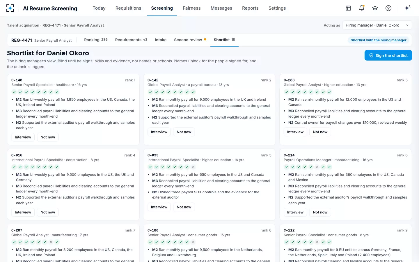 AI Resume Screening — The hiring manager's blind shortlist