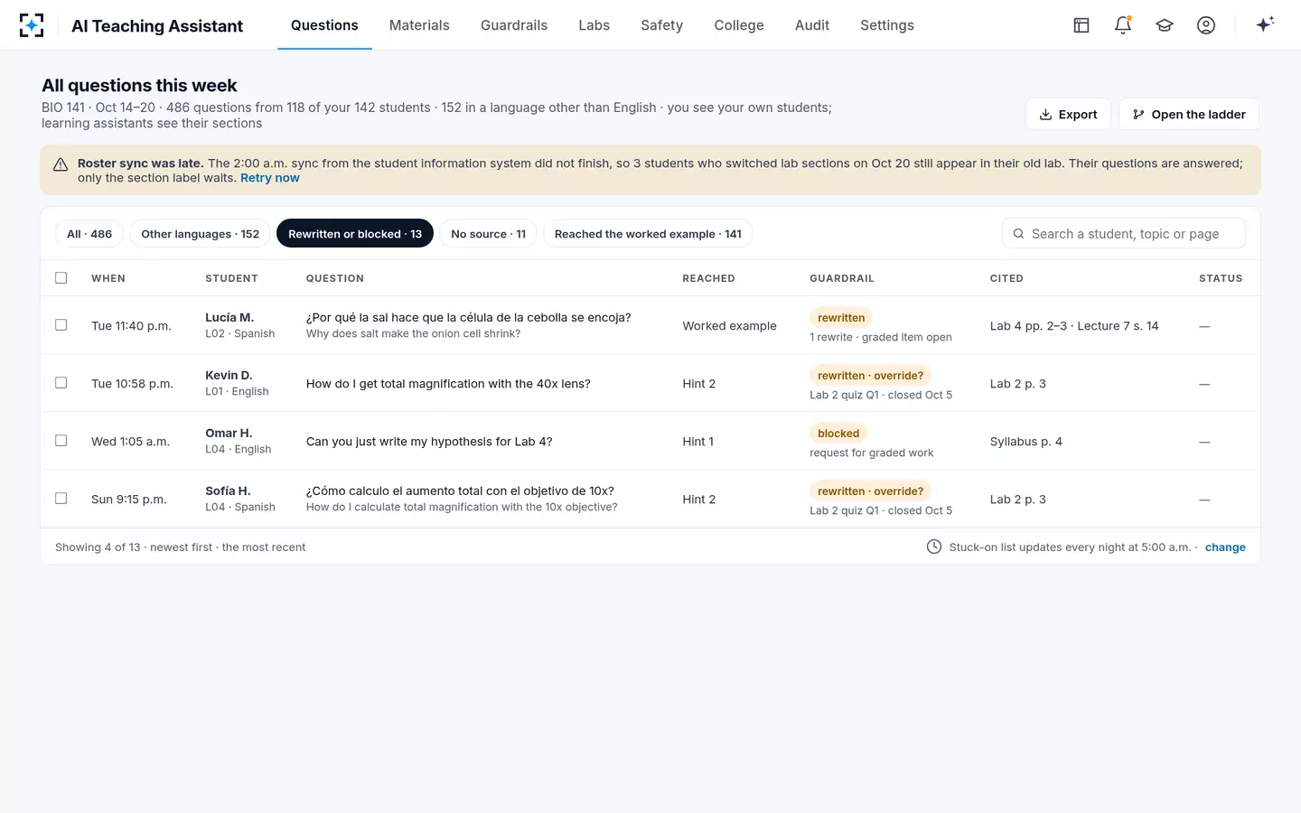 AI Teaching Assistant — Every question, searchable, with what the guardrails did