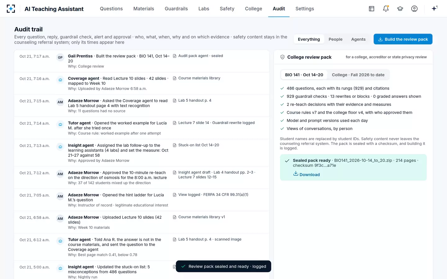 AI Teaching Assistant — Audit trail and a sealed review pack