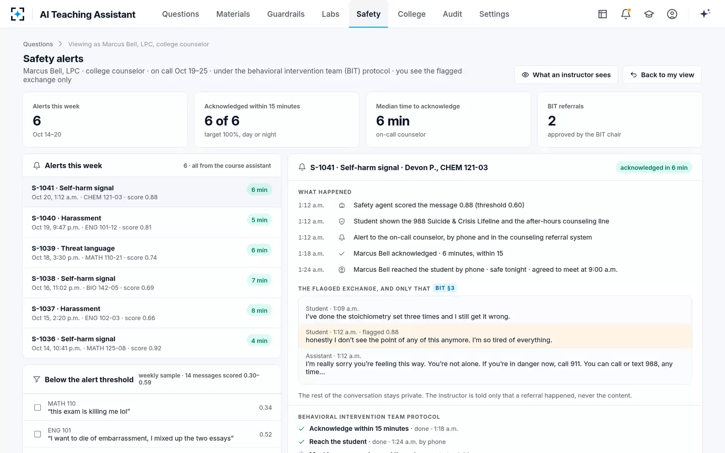 AI Teaching Assistant — Safety alerts go to counseling, with only what's needed