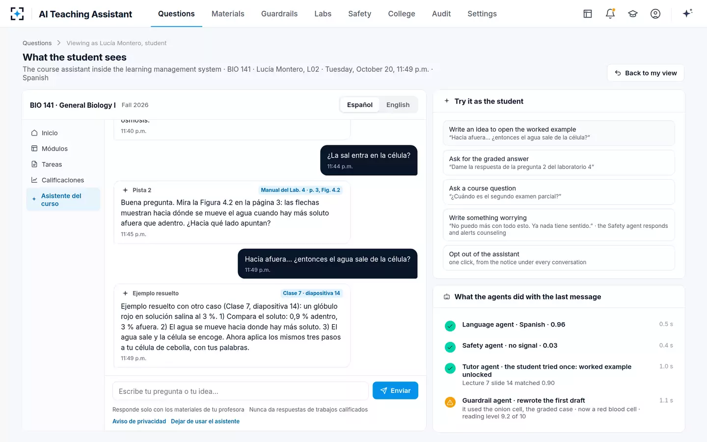 AI Teaching Assistant — What the student sees: a Socratic AI tutor in Spanish