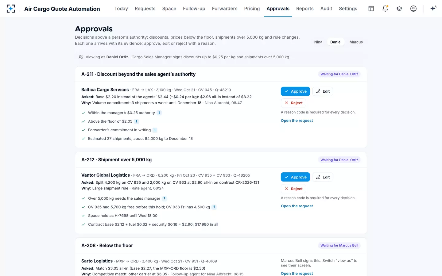 Air Cargo Quote Automation — Approvals above authority