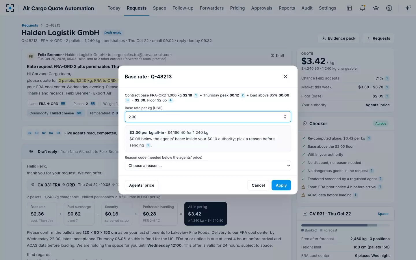 Air Cargo Quote Automation — Edit a chip within authority