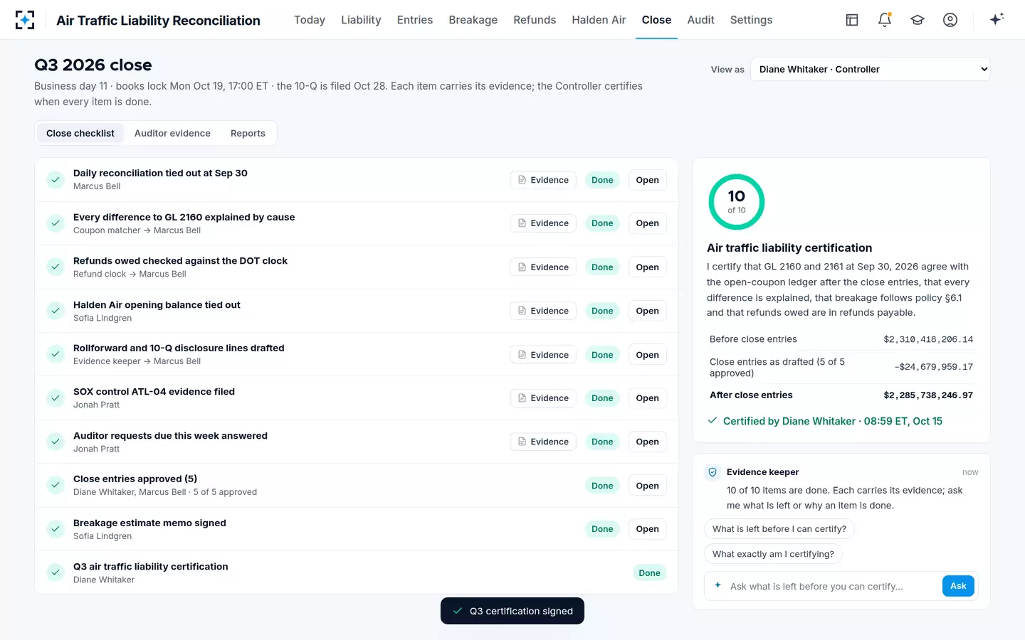 Air Traffic Liability Reconciliation — Close and certification