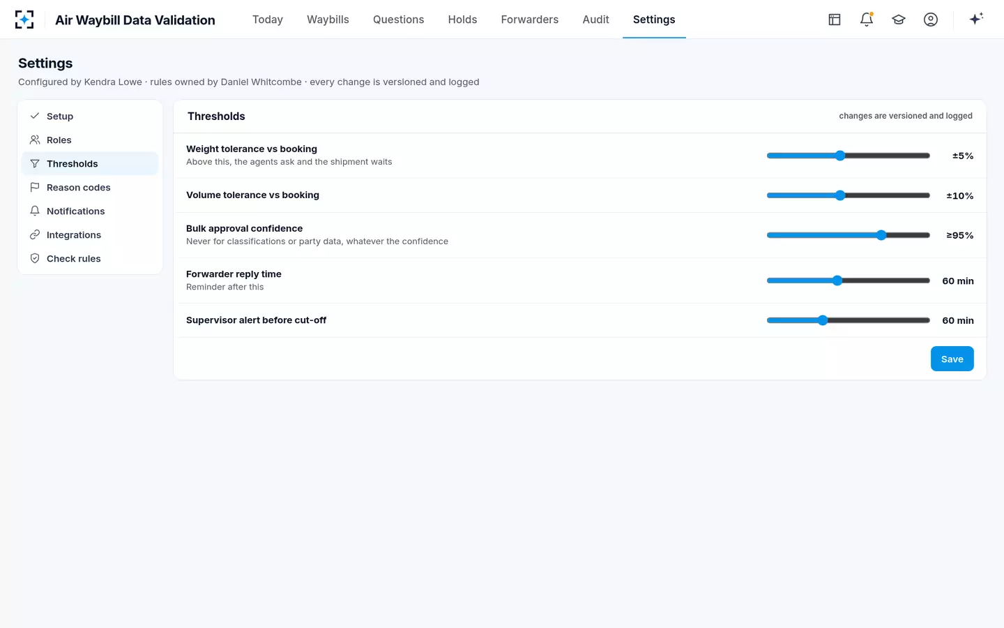 Air Waybill Data Validation — Acceptance check thresholds