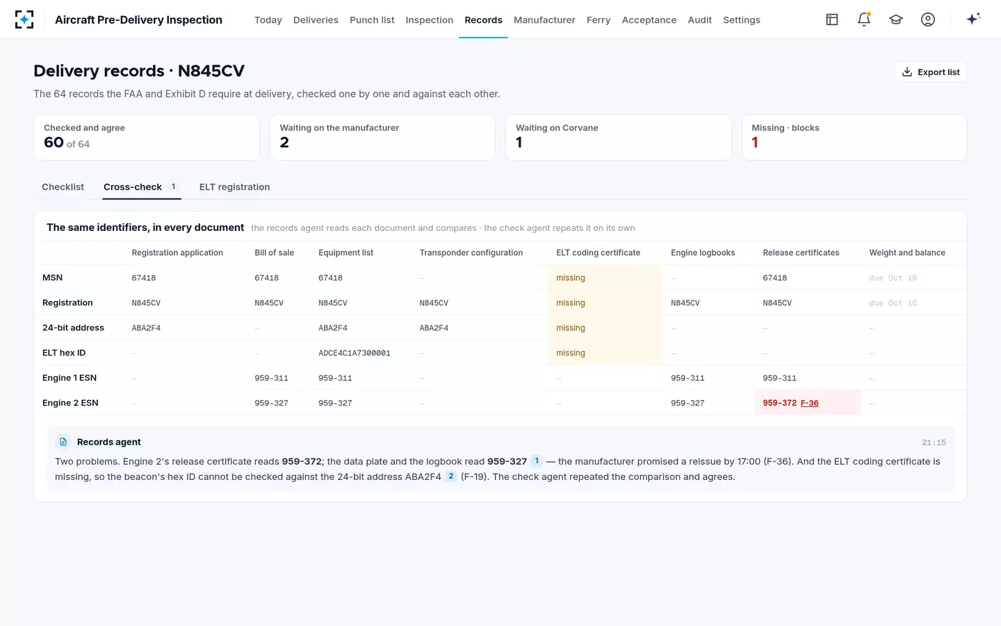 Aircraft Pre-Delivery Inspection — Delivery documents cross-checked