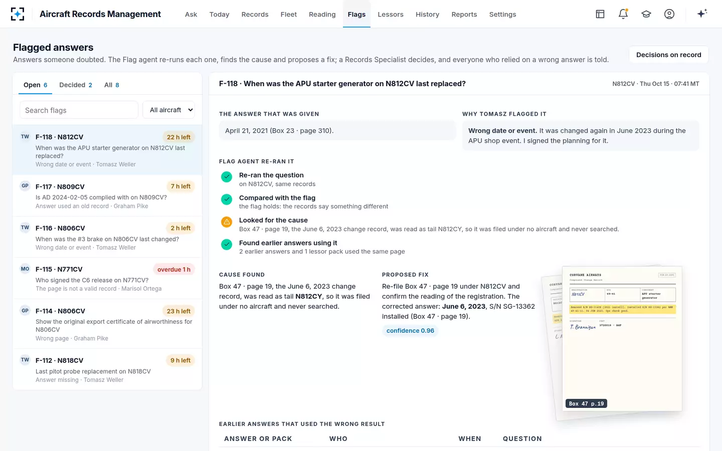Aircraft Records Management — Flagged answers