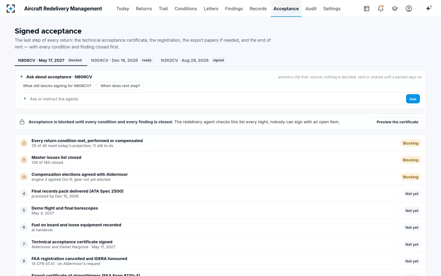 Aircraft Redelivery Management — Technical acceptance