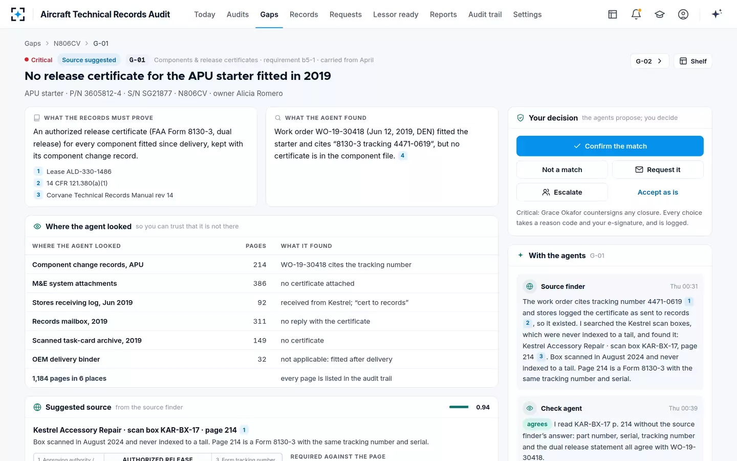 Aircraft Technical Records Audit — One gap, in plain words