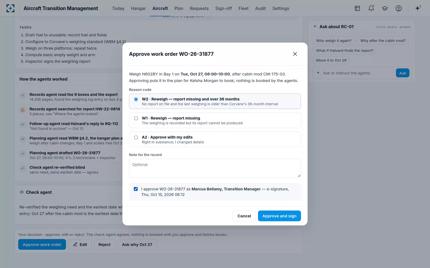Aircraft Transition Management — Approve with a reason and e-signature