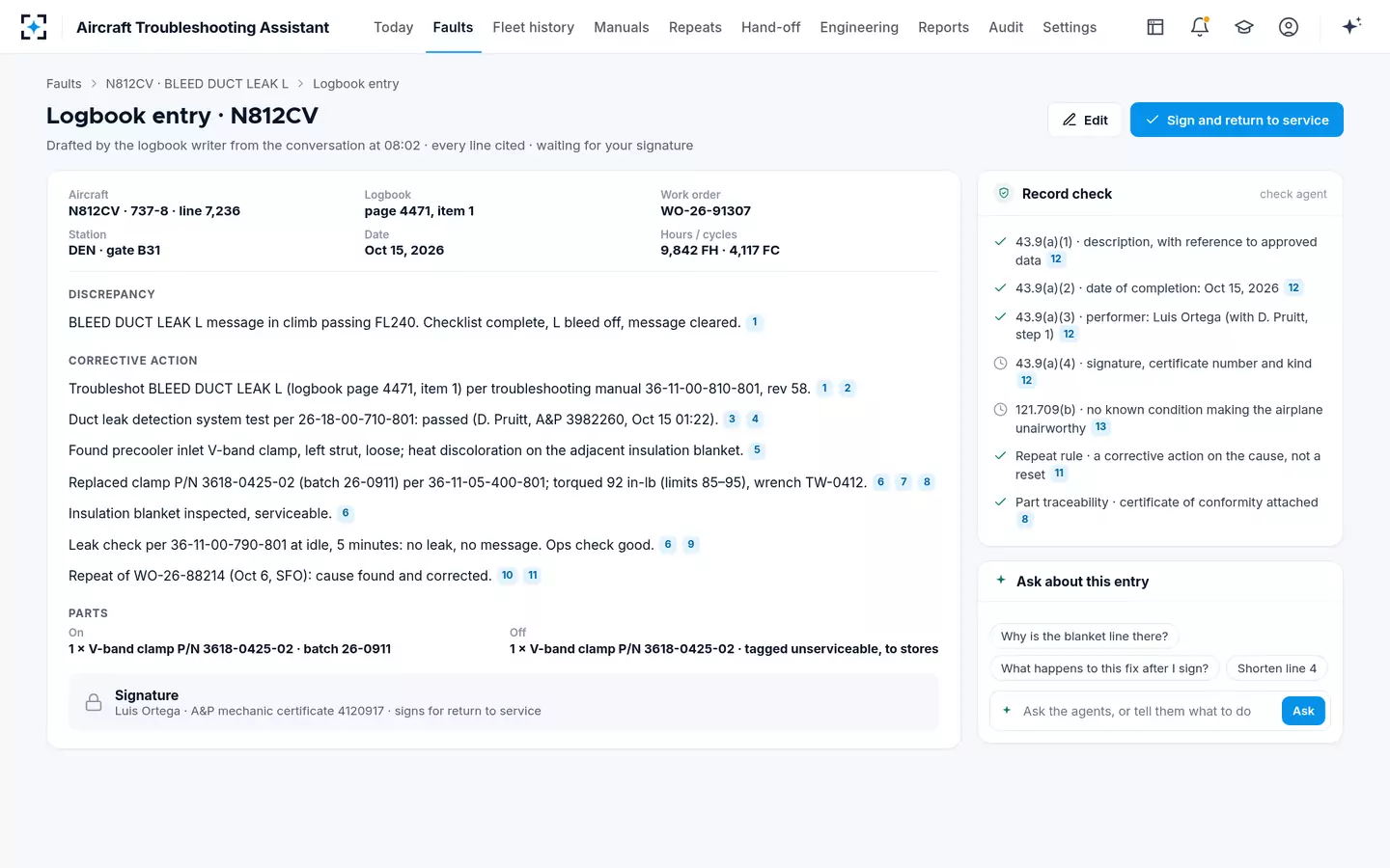 Aircraft Troubleshooting Assistant — Drafted logbook entry