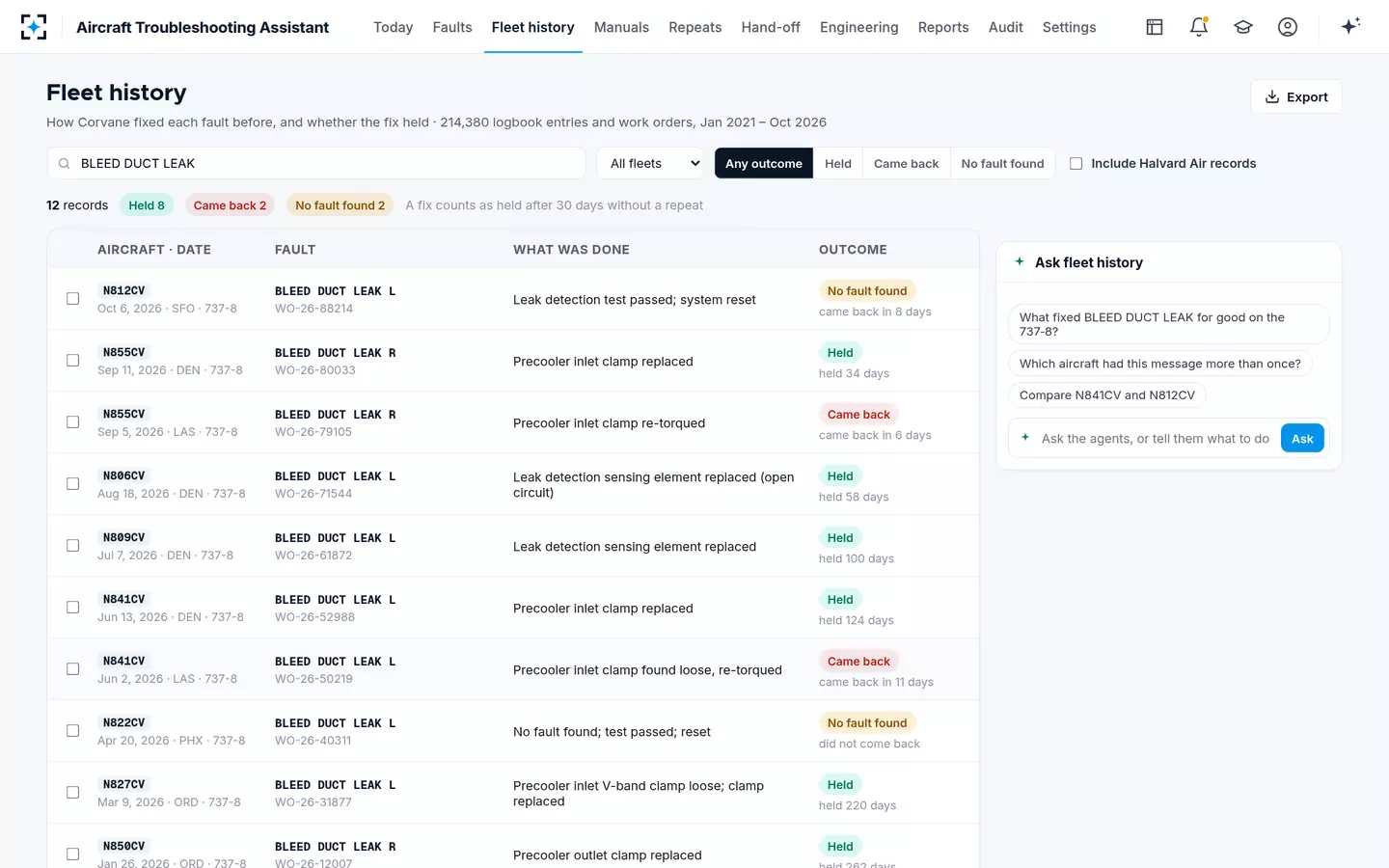 Aircraft Troubleshooting Assistant — Fleet fix history