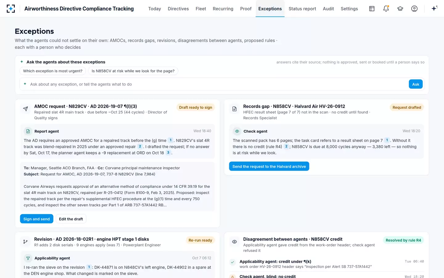 Airworthiness Directive Compliance Tracking — Exceptions: AMOCs and records gaps