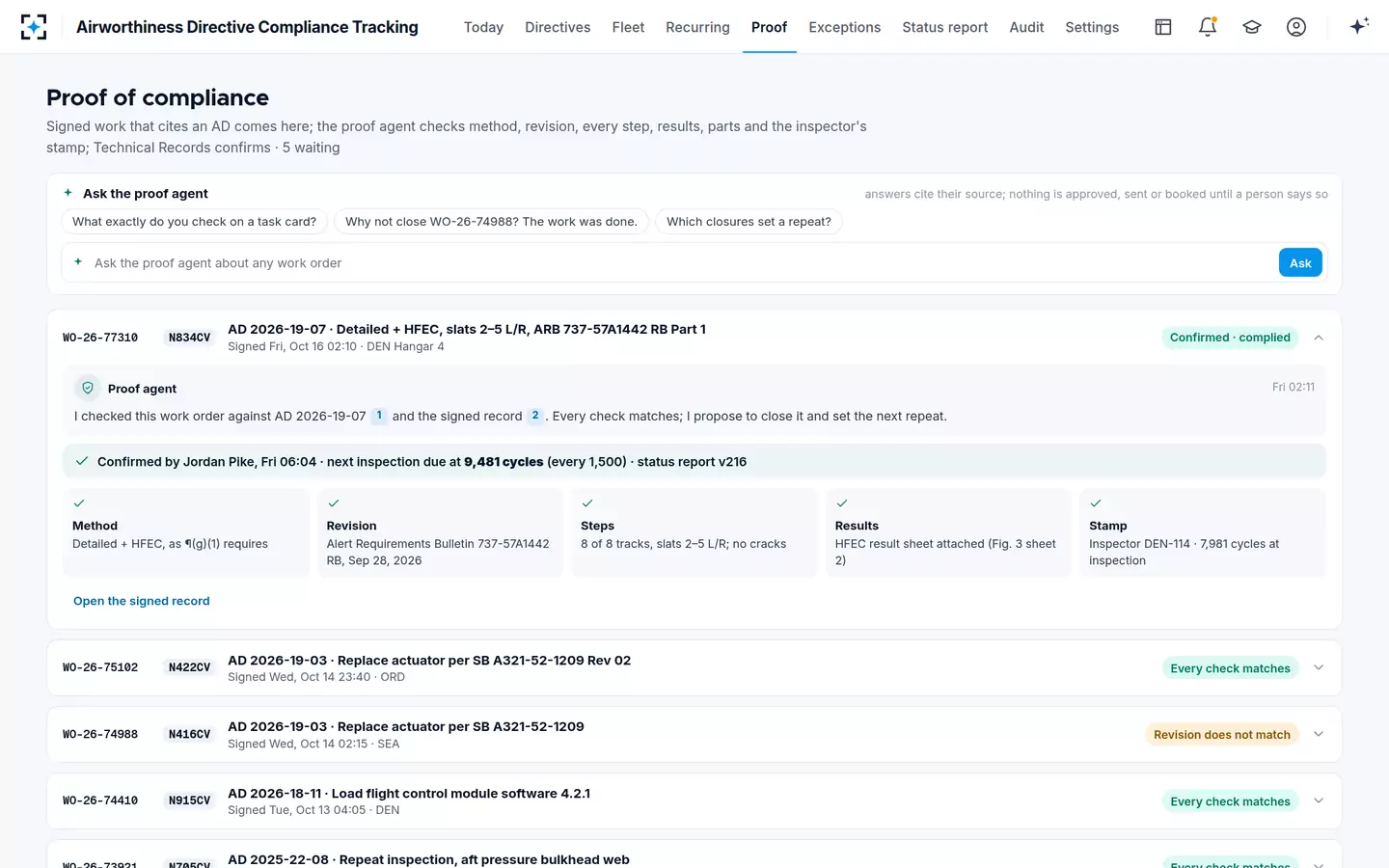 Airworthiness Directive Compliance Tracking — Proof of compliance