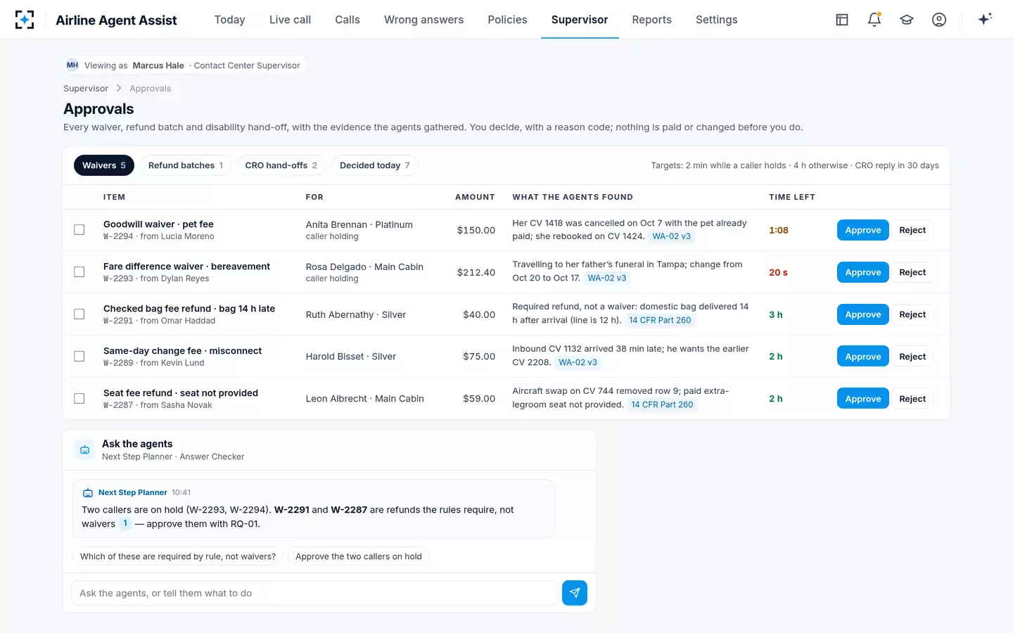 Airline Agent Assist — Supervisor approvals