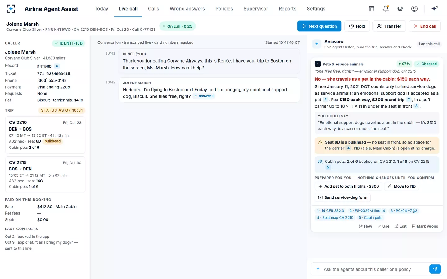Airline Agent Assist — The live call and the answer rail