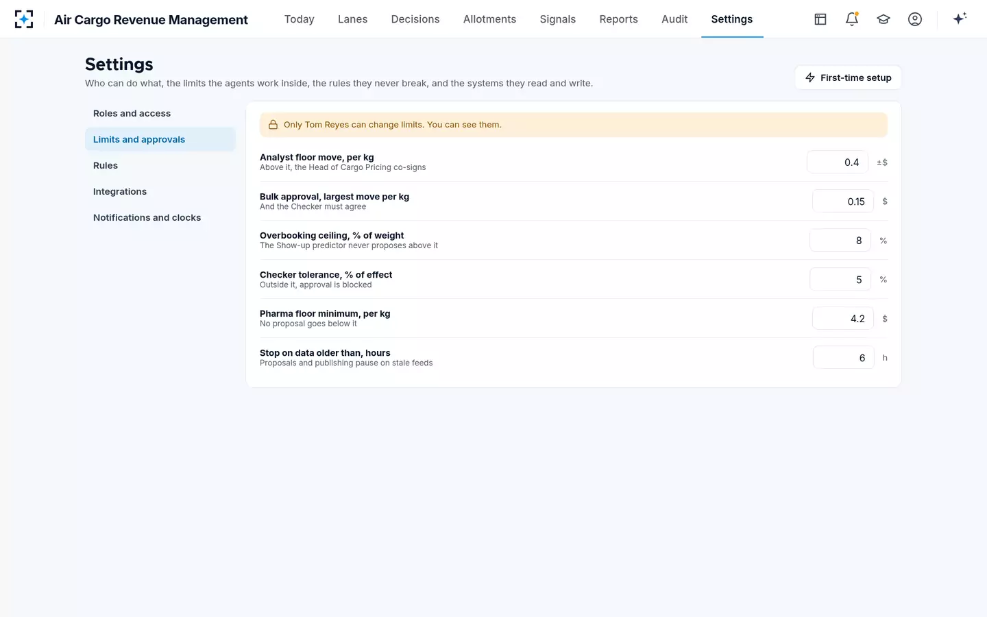 Air Cargo Revenue Management — Limits and approvals