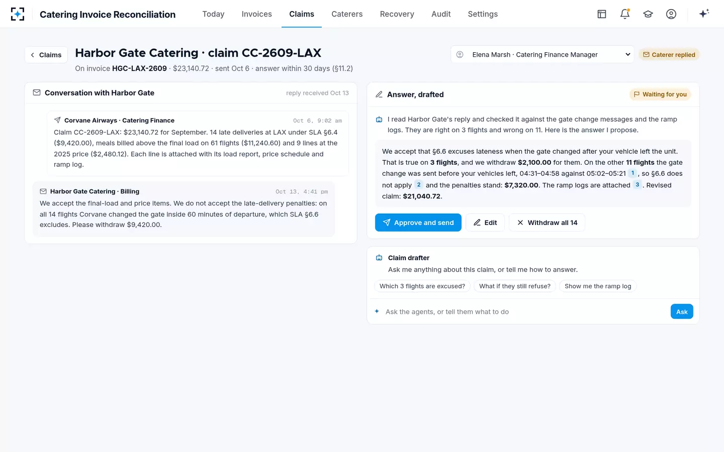 Catering Invoice Reconciliation — A caterer disputes the penalties