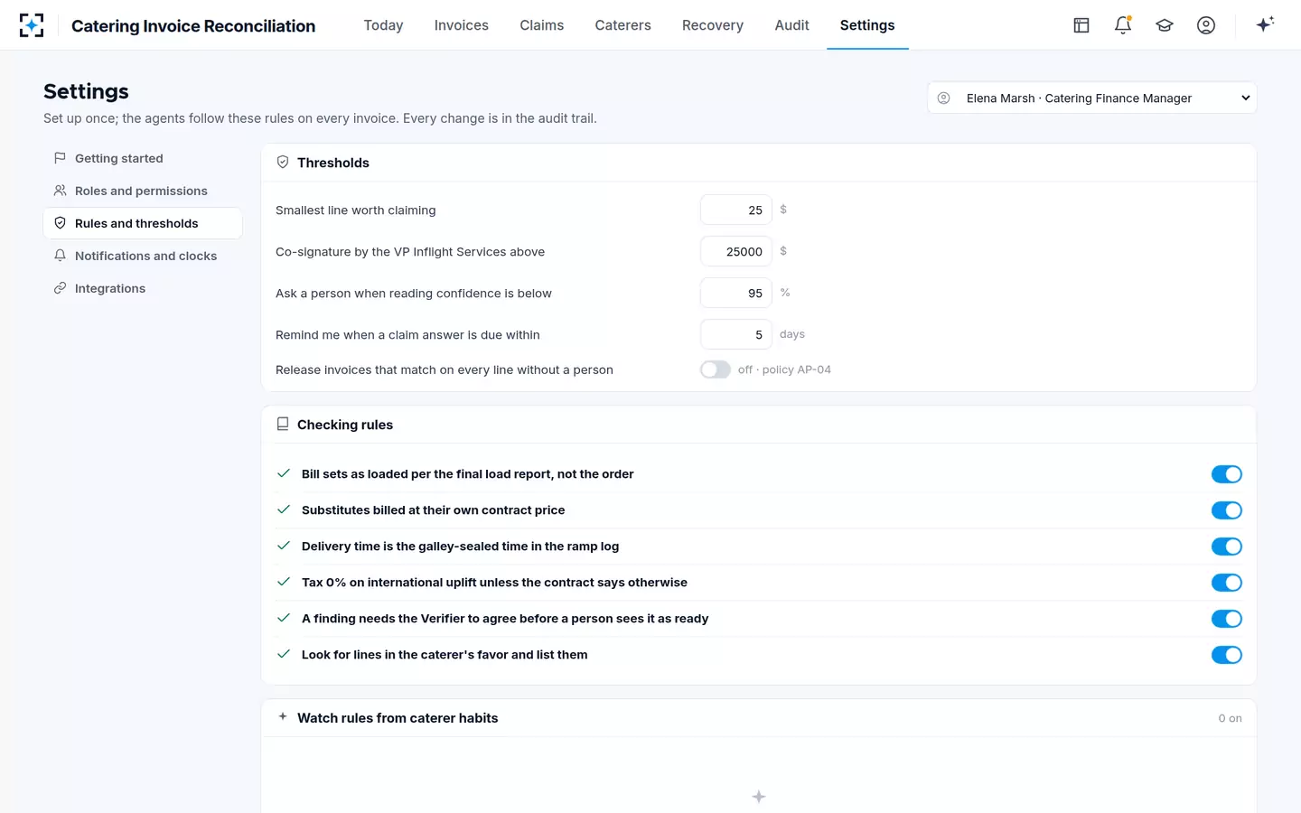 Catering Invoice Reconciliation — Your rules