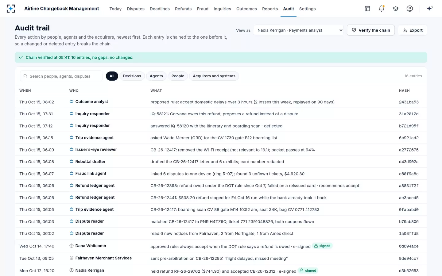 Airline Chargeback Management — Audit trail