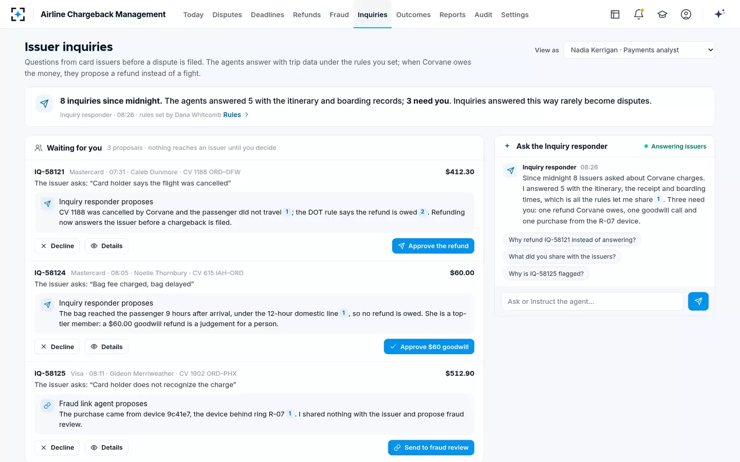 Airline Chargeback Management — Issuer inquiries