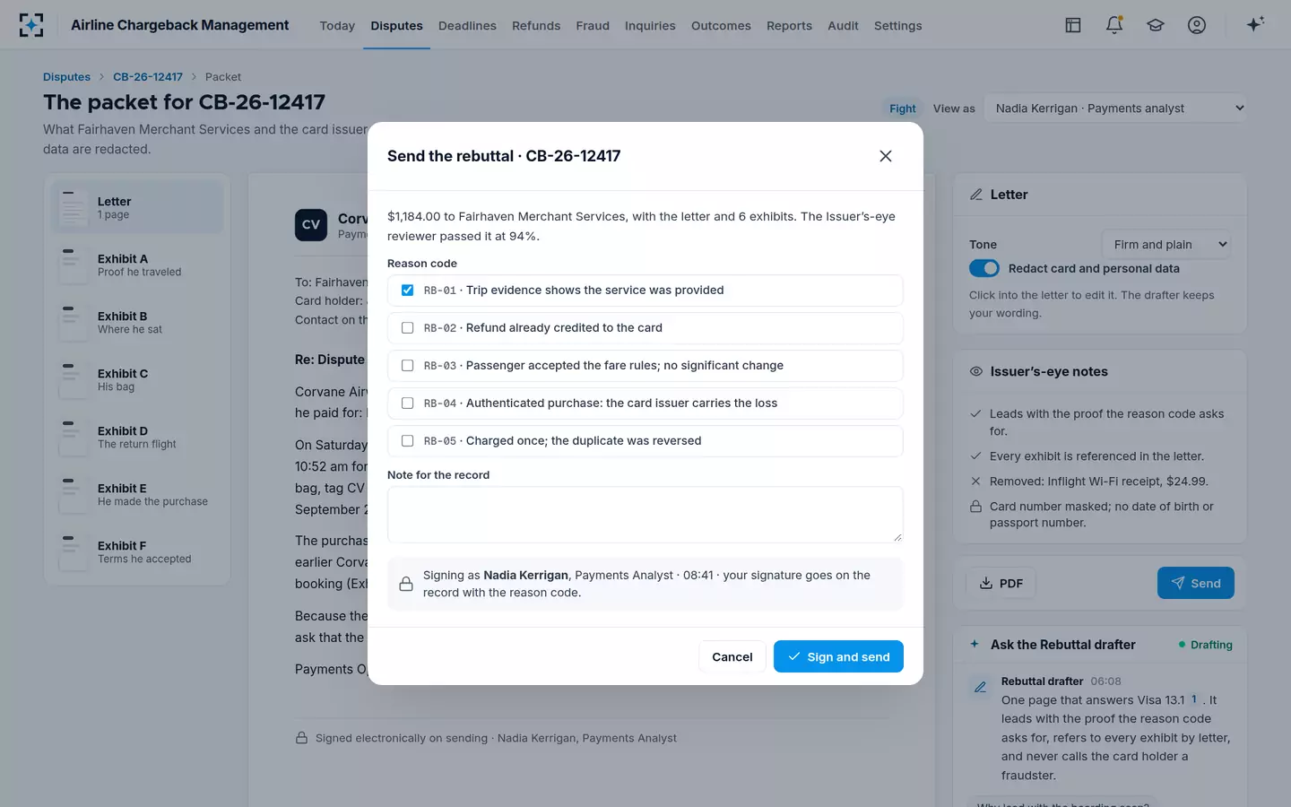 Airline Chargeback Management — Sign and send