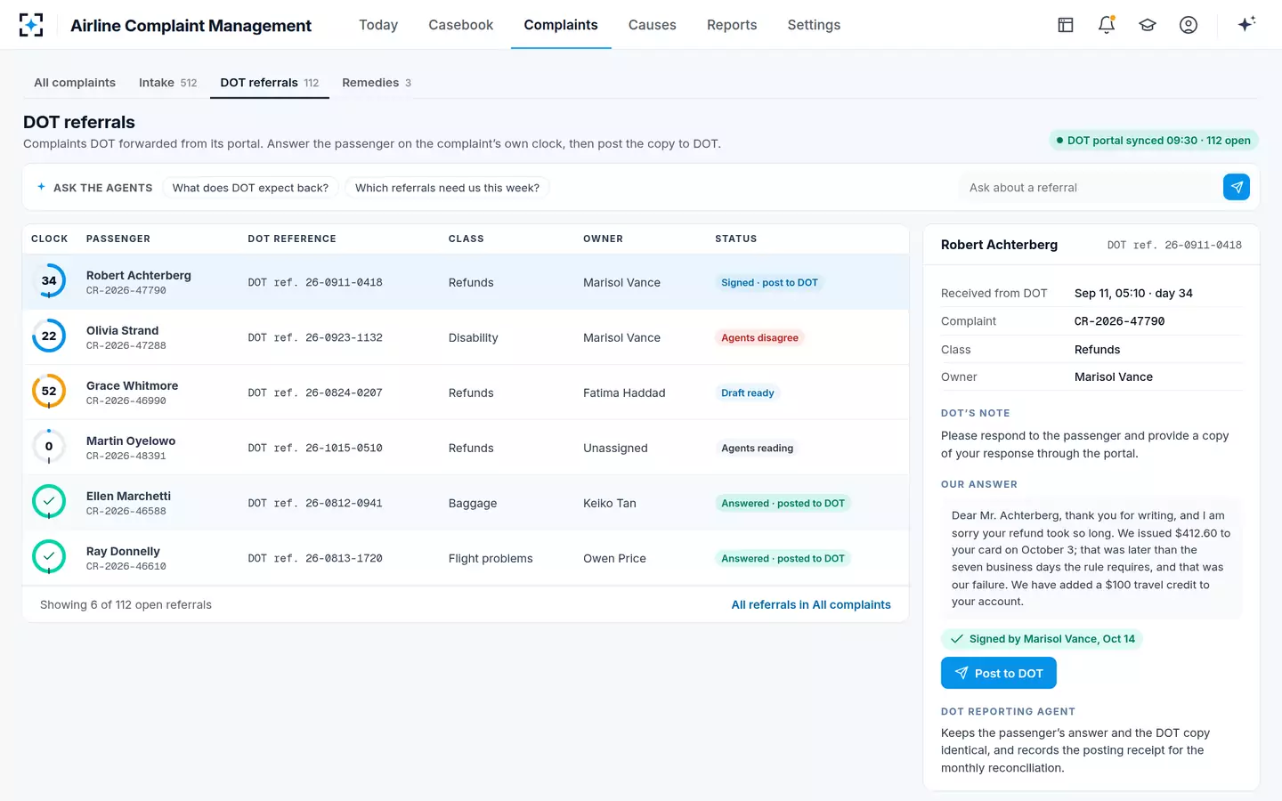 Airline Complaint Management — DOT referrals