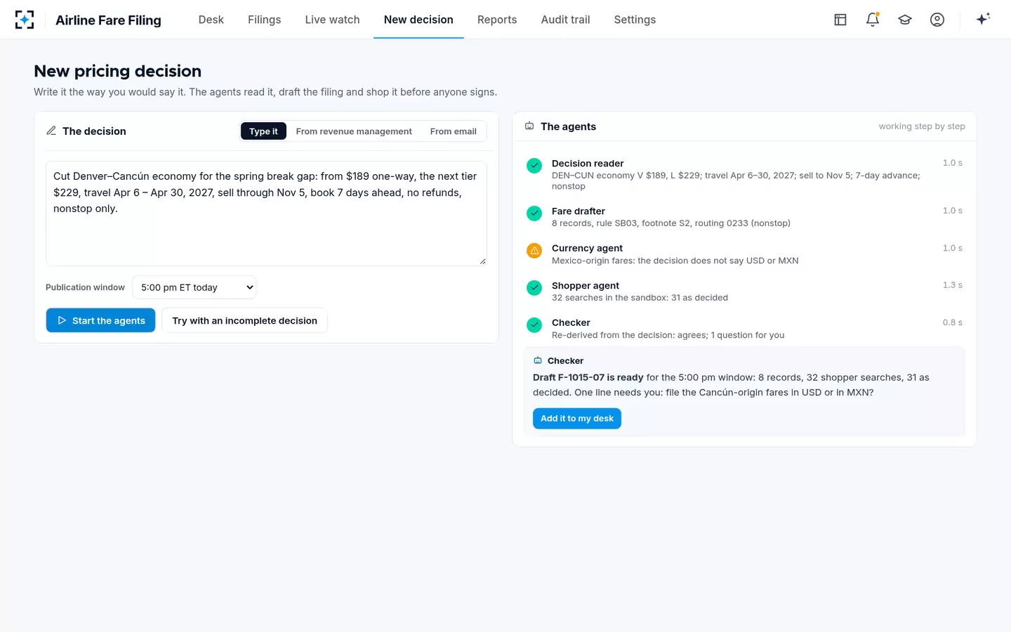 Airline Fare Filing — A new pricing decision