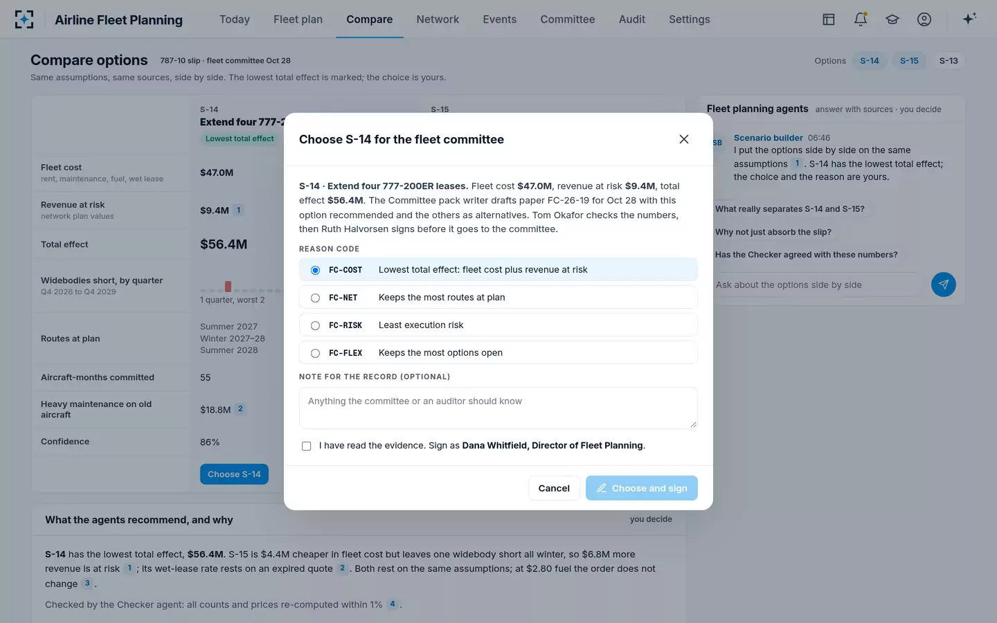 Airline Fleet Planning — Choose with a reason code