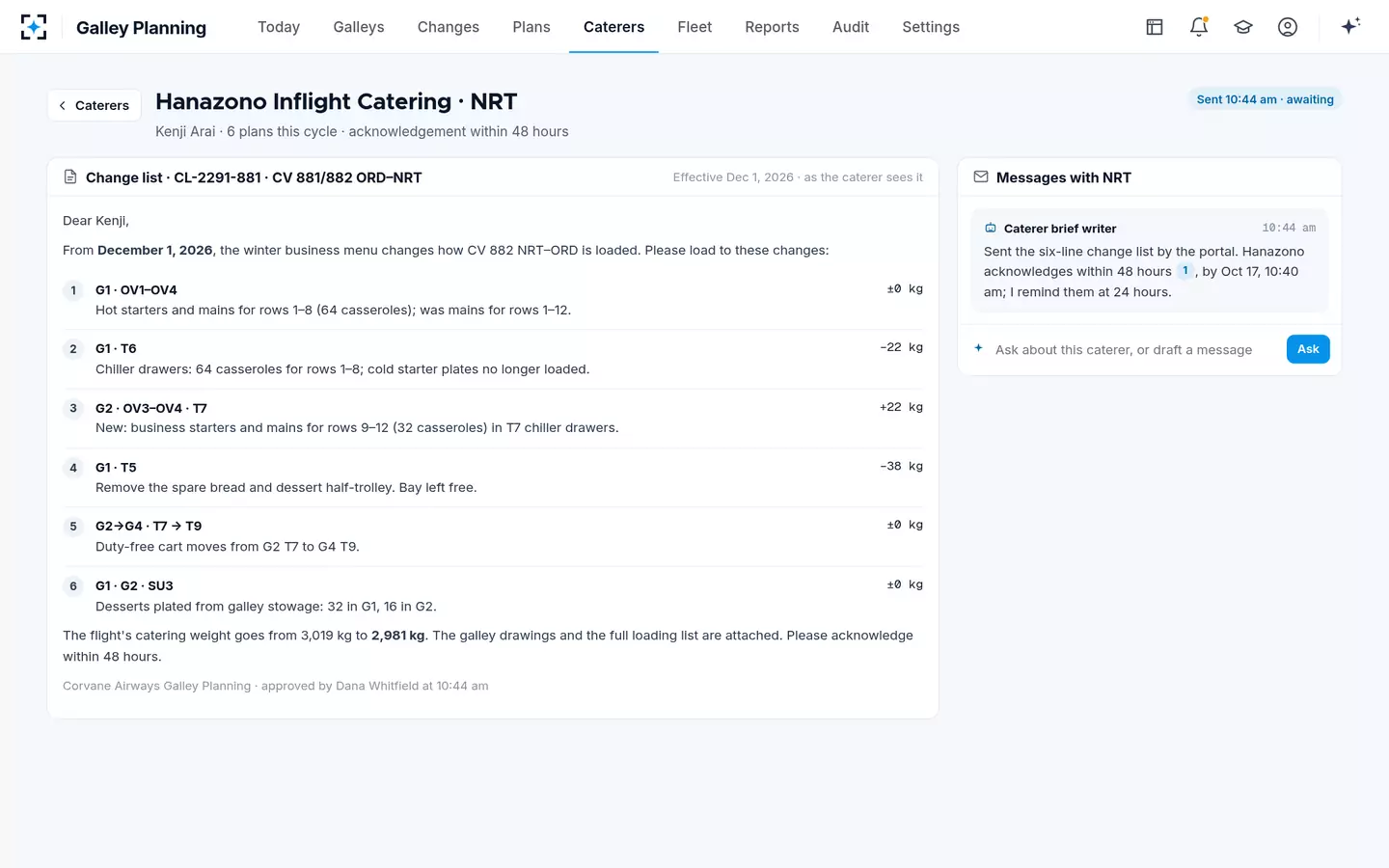 Galley Planning — The caterer's change list
