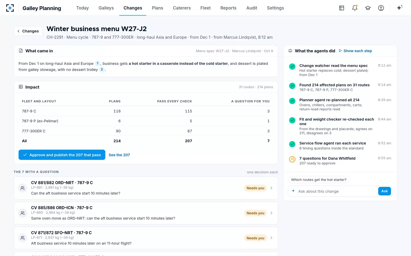 Galley Planning — One menu change, every plan