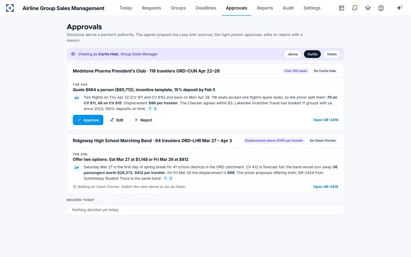 Airline Group Sales Management — Approvals above authority