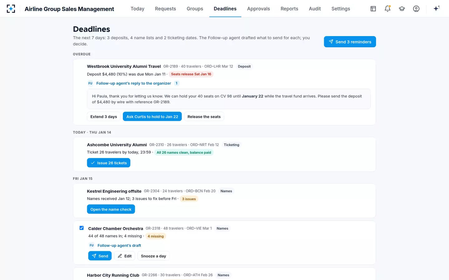 Airline Group Sales Management — Group deposit and ticketing deadlines